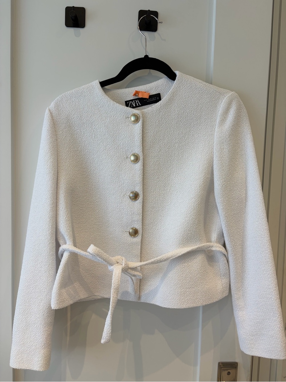 Zara Cream Textured Tie-Waist Blazer with Gold Buttons